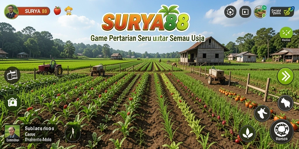 Screenshot gameplay SURYA88 dengan berbagai tanaman dan hewan ternak.