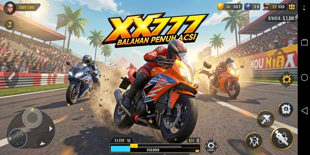 Screenshot dari gameplay <strong>XXX777</strong> menunjukkan aksi balapan motor yang mendebarkan.